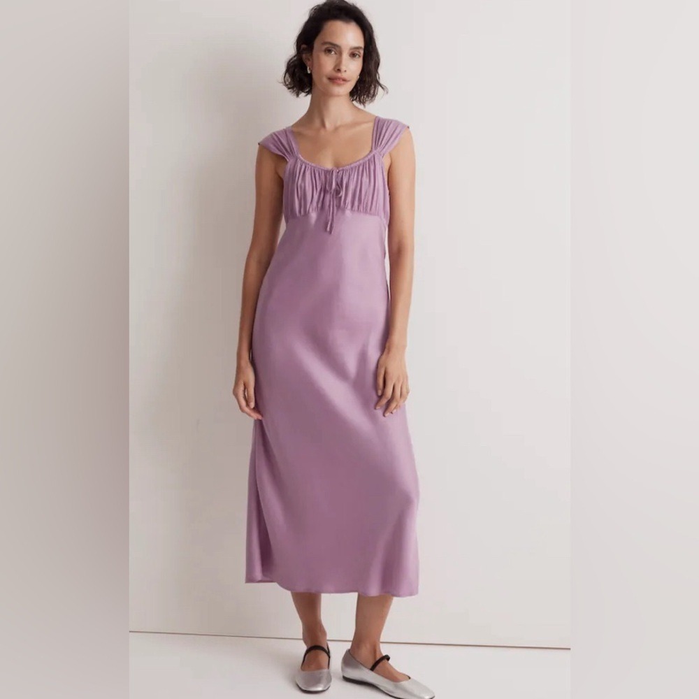 Madewell Dress Womens 4 Purple Satin Tie-Front‎ Midi Ruched Strap Slip NM540
